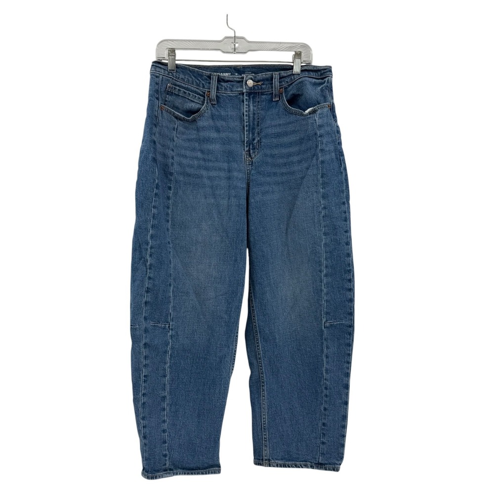 Old Navy High Rise Barrel Leg Jeans Medium Wash Seamed Front Denim Blue Size 12